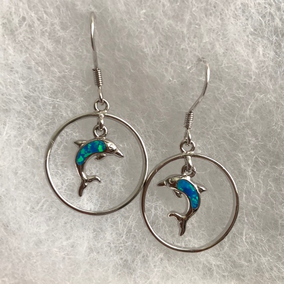 Sterling Silver Dolphin Earrings with Lab Opal - Picture 2 of 4